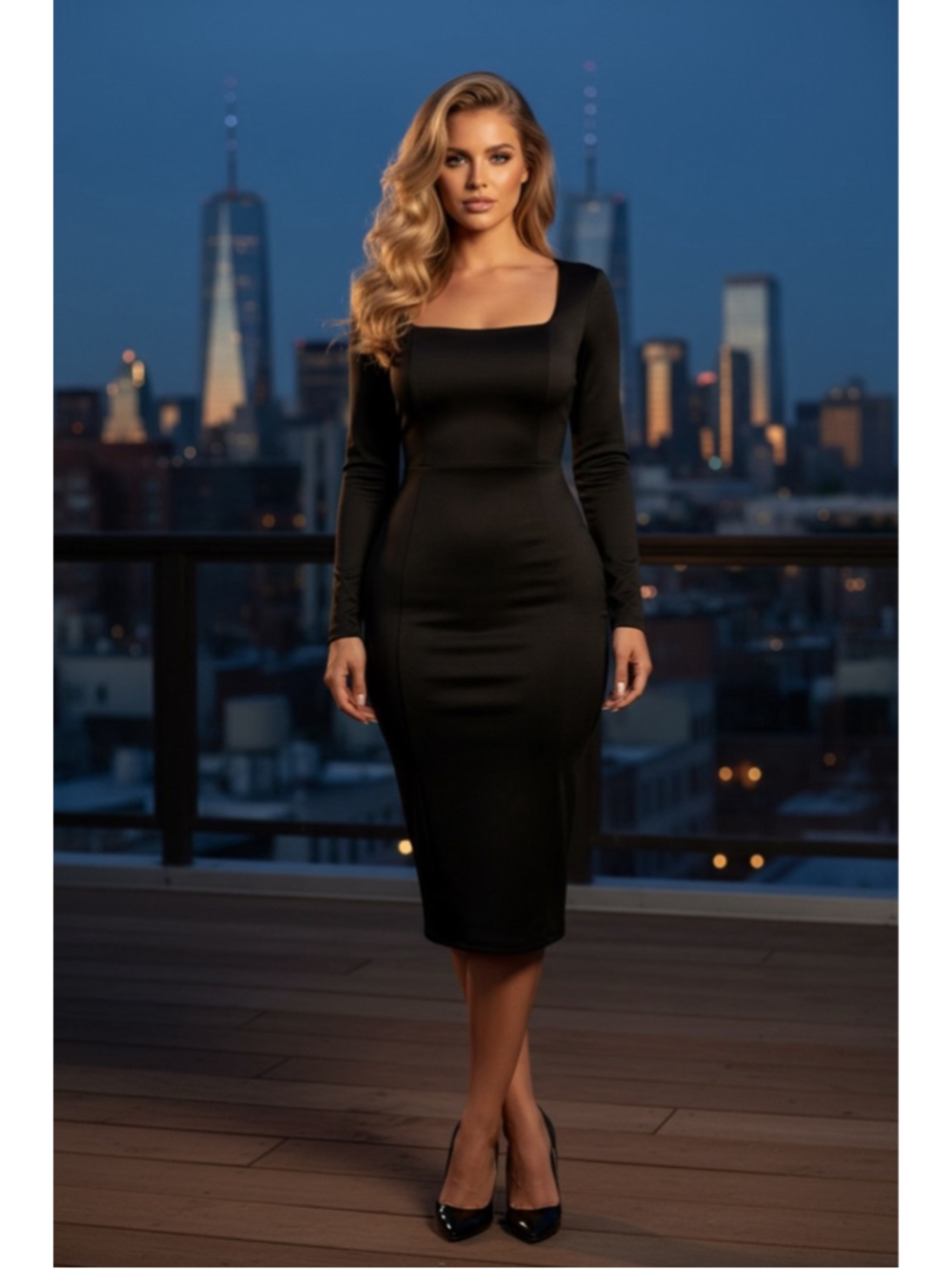 Ta3 NWOT Square-Neck Long Sleeve Midi Dress - Elegant Evening Wear (short)